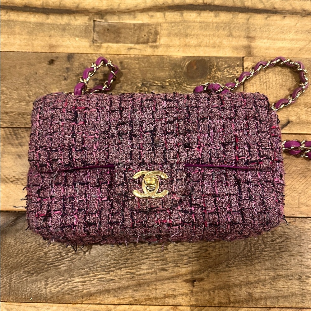 CHANEL Tweed Quilted Mini Rectangular Flap Purple
